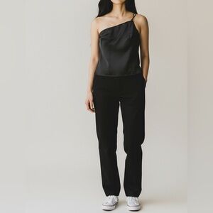 Black satin one-shoulder form-fitting corset top, XS, Baddie Blouse